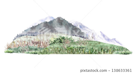 Mountain landscape with grass and shrubs in the foreground. Isolated watercolor illustration for thematic websites, travel agency advertisements, postcards, posters, book and magazine covers. 138633361