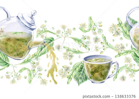 A seamless border featuring a teapot pouring tea and a cup against a background of linden blossoms. Isolated watercolor illustration for cosmetics brands, pharmacies, textile manufacturing,packaging. A seamless border featuring a teapot pouring tea and a cup against a background of linden blossoms. Isolated watercolor illustration for cosmetics brands, pharmacies, textile manufacturing,packaging. 138633376