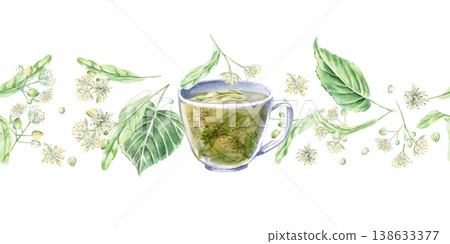 A seamless border with a cup of linden tea and linden blossoms. Isolated watercolor illustration for flower shop designs, cosmetic brands, pharmacies, wedding printing, textile production, packaging. 138633377