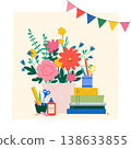 Cute Back to School Illustration Flowers and School Supplies Books Kids Classroom Decor 138633855