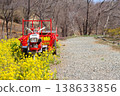 Rape blossoms blooming by the roadside in the countryside and a red tiller sculpture. 138633856