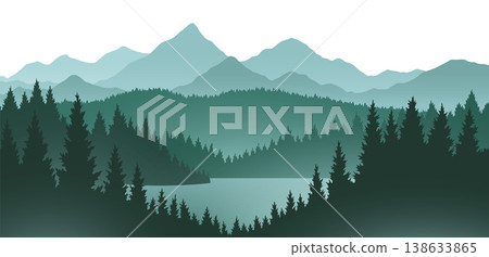 Foggy mountains landscape background. Smoky and rocky panorama with mountains skyline and pine tree forest silhouettes. Scenery with slopes, vector cartoon illustration Foggy mountains landscape background. Smoky and rocky panorama with mountains skyline and pine tree forest silhouettes. Scenery with slopes, vector cartoon illustration 138633865