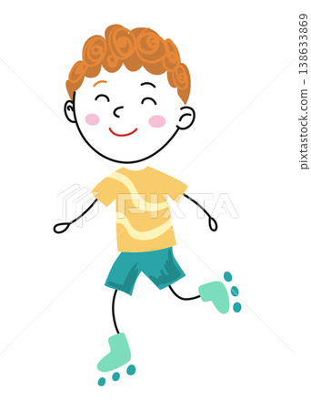 Energetic boy gliding happily, Smiling youth with curly hair rollerblading energetically, Cheerful boy with curly hair gliding on pavement with arms wide and broad smile 138633869
