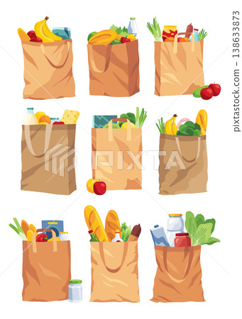 Collection of paper shopping bags products grocery. Vegetables, bread, dairy products, vine, meat and eggs. Grocery supermarket. Fresh healthy produce. Grocery delivery concept Collection of paper shopping bags products grocery. Vegetables, bread, dairy products, vine, meat and eggs. Grocery supermarket. Fresh healthy produce. Grocery delivery concept 138633873