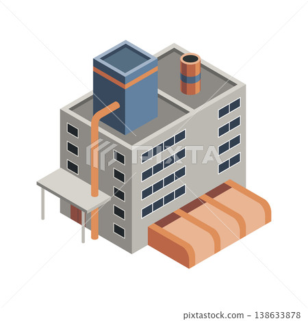 Factory isometric. Industrial bulding. Concept of industrial plant with chimney tower. 3d isolated icon. Architecture of manufacture house. Vector cartoon illustration 138633878