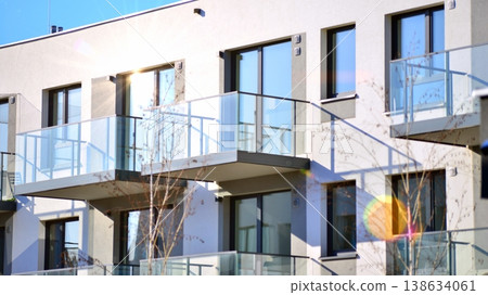 Apartments in residential complex. Housing structure at modern house.  Architecture for property investment. and architecture details. Urban abstract - windows of apartment building. 138634061