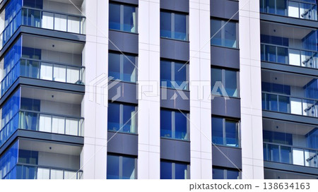 Exterior of a high modern multi-story apartment building - facade, windows and balconies. Exterior of a high modern multi-story apartment building - facade, windows and balconies. 138634163