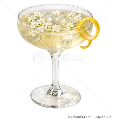 Sparkling elderflower cocktail in a crystal glass with a fresh lemon wheel garnish, perfect for summer drinks, bridal showers, and garden parties 138634206