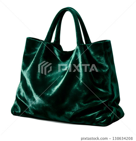Dark green velvet tote bag with a soft, luxurious texture, isolated on a transparent background, perfect for fashion product displays and e-commerce Dark green velvet tote bag with a soft, luxurious texture, isolated on a transparent background, perfect for fashion product displays and e-commerce 138634208