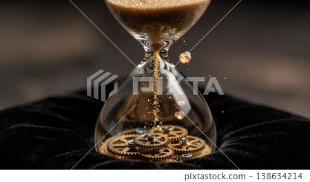 Classic hourglass surrounded by interlocking brass clock gears, symbolizing time management, history, and the ticking of moments Classic hourglass surrounded by interlocking brass clock gears, symbolizing time management, history, and the ticking of moments 138634214