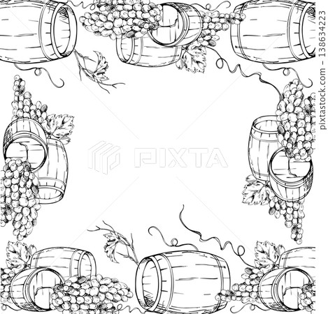 Wooden barrels for wine storage, cellar casks with harvested grape bunches, curling vine creepers, leaves. Ornamental square frame isolated ink vector illustration hand drawn for cards, menu borders Wooden barrels for wine storage, cellar casks with harvested grape bunches, curling vine creepers, leaves. Ornamental square frame isolated ink vector illustration hand drawn for cards, menu borders 138634223