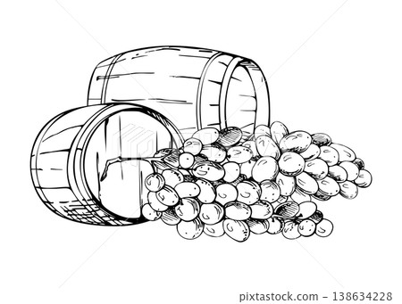 Rustic wine, sherry wooden barrel kegs for cellar storage, aging, harvested vineyard grapes. Isolated ink vector illustration hand drawn for wine tastings, distillery tour promos, viticulture graphics Rustic wine, sherry wooden barrel kegs for cellar storage, aging, harvested vineyard grapes. Isolated ink vector illustration hand drawn for wine tastings, distillery tour promos, viticulture graphics 138634228