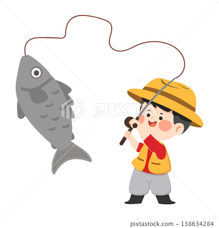 Boy fishing and catching a fish in nature Boy fishing and catching a fish in nature 138634284