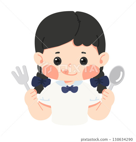 Girl Holding Fork and Spoon Ready to Eat 138634290