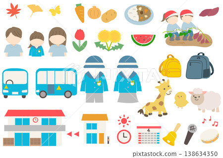 Nursery and kindergarten event, daily life, and seasonal illustration set Nursery and kindergarten event, daily life, and seasonal illustration set 138634350