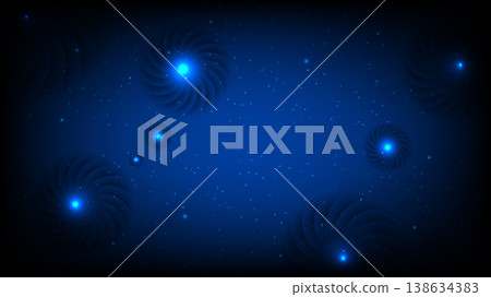 Abstract Blue Galaxy Background with Spiral Planets and Sparkling Stars 138634383