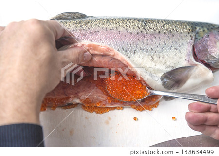 Hands extracting salmon roes (red caviar) from fresh salmon, close up 138634499