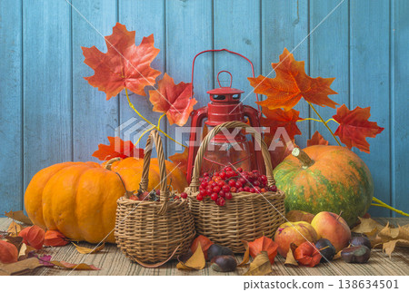 Thanksgiving or autumn gardening still life; Orange pumkins, widker basket with rowan berries, apples maple leaves and red vintage lantern on a wooden table near blue wooden background Thanksgiving or autumn gardening still life; Orange pumkins, widker basket with rowan berries, apples maple leaves and red vintage lantern on a wooden table near blue wooden background 138634501