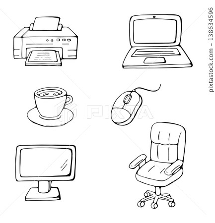 Office devices workspace printer laptop computer doodle illustration set Office devices workspace printer laptop computer doodle illustration set 138634596
