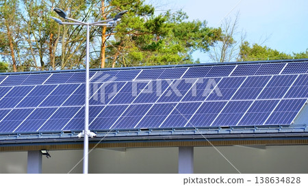 Solar panel on the roof. Photovoltaic panels standing on a paved surface. Solar panel on the roof. Photovoltaic panels standing on a paved surface. 138634828