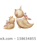 Birds a big mother in collar, little baby chick in crown, red bows. Watercolor illustration hand-drawn in children's vintage style isolated from background for cards posters nursery decor, clothing 138634855