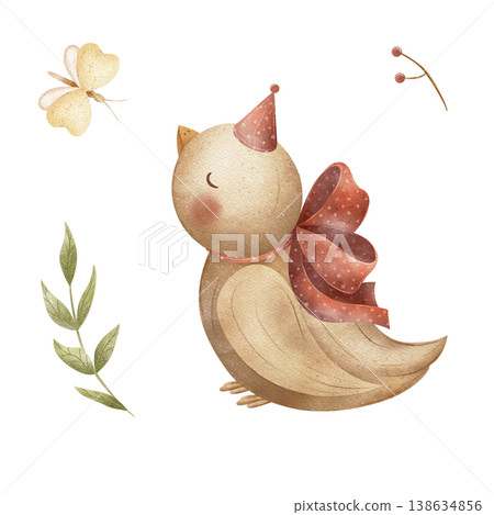 Bird in party hats, red bows, ribbons, butterfly, plant, berries. Watercolor illustration hand-drawn in children's style, clip art, element isolated from background for cards posters nursery, clothing Bird in party hats, red bows, ribbons, butterfly, plant, berries. Watercolor illustration hand-drawn in children's style, clip art, element isolated from background for cards posters nursery, clothing 138634856