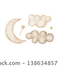 Vintage moon lunar clouds, stars in beige color. Watercolor illustration hand-drawn in children's style, isolated from background for greeting cards, posters, nursery decor, packaging, clothing baby 138634857