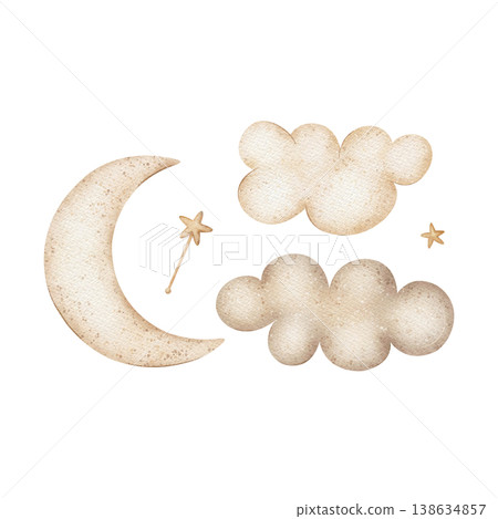 Vintage moon lunar clouds, stars in beige color. Watercolor illustration hand-drawn in children's style, isolated from background for greeting cards, posters, nursery decor, packaging, clothing baby Vintage moon lunar clouds, stars in beige color. Watercolor illustration hand-drawn in children's style, isolated from background for greeting cards, posters, nursery decor, packaging, clothing baby 138634857