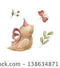 Little bird, chick in party hats, bows, butterfly, plant, berries. Watercolor illustration hand-drawn in children's style, clip art, element isolated from background for cards posters nursery clothing 138634871