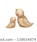 Cute pair of birds, baby and mother in beige color. Watercolor illustration hand-drawn in children's vintage style, clip art, element isolated from background for cards posters nursery decor, clothing 138634874