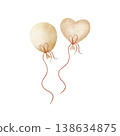 Balloons air heart shaped of beige color on rope. Watercolor illustration hand-drawn in children's style, isolated from background for design birthday holiday, party cards, posters, nursery decor baby 138634875