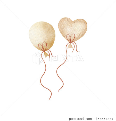 Balloons air heart shaped of beige color on rope. Watercolor illustration hand-drawn in children's style, isolated from background for design birthday holiday, party cards, posters, nursery decor baby Balloons air heart shaped of beige color on rope. Watercolor illustration hand-drawn in children's style, isolated from background for design birthday holiday, party cards, posters, nursery decor baby 138634875