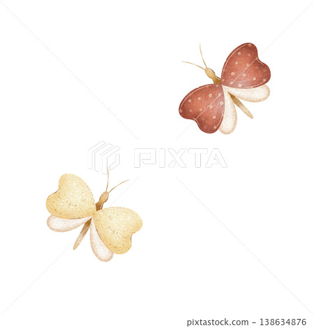 Vintage butterflies in red yellow color. Watercolor illustration hand-drawn wings, heart shape in children's style, isolated from background for greeting cards, posters, nursery decor, clothing baby Vintage butterflies in red yellow color. Watercolor illustration hand-drawn wings, heart shape in children's style, isolated from background for greeting cards, posters, nursery decor, clothing baby 138634876