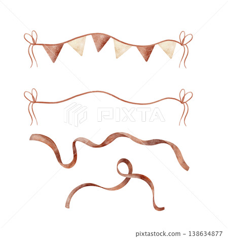 Ribbon, garland flags of beige, red on rope. Watercolor illustration hand-drawn banner, border in children's style, isolated from background for design holiday, party cards posters, nursery decor baby Ribbon, garland flags of beige, red on rope. Watercolor illustration hand-drawn banner, border in children's style, isolated from background for design holiday, party cards posters, nursery decor baby 138634877