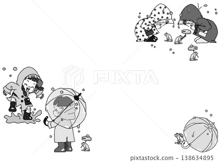 黑白插圖,描繪孩子們穿著雨衣在雨中玩耍的場景(JPG,白色背景) 黑白插圖,描繪孩子們穿著雨衣在雨中玩耍的場景(JPG,白色背景) 138634895
