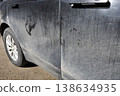 Dirty black car covered with dust and dried mud outdoors. Side mirror and door with heavy contamination, neglected vehicle surface, lack of maintenance and cleaning 138634935