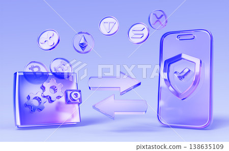 Holographic glass crypto wallet with transaction arrows, flying bitcoin ethereum coins and mobile phone app with shield. Cryptocurrency transfer, secure online payment, 3d web banner. 3D illustration Holographic glass crypto wallet with transaction arrows, flying bitcoin ethereum coins and mobile phone app with shield. Cryptocurrency transfer, secure online payment, 3d web banner. 3D illustration 138635109