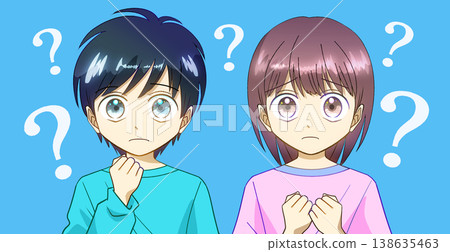 一幅動漫風格的插圖,描繪了一男一女,他們神情困惑、憂慮,心中充滿疑問,背景為白色。 一幅動漫風格的插圖,描繪了一男一女,他們神情困惑、憂慮,心中充滿疑問,背景為白色。 138635463