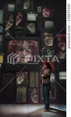 Woman facing vintage televisions with multiple emotional expressions of herself. Woman facing vintage televisions with multiple emotional expressions of herself. 138635484