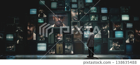 Man standing in front of wall of vintage televisions showing multiple emotional faces. 138635488