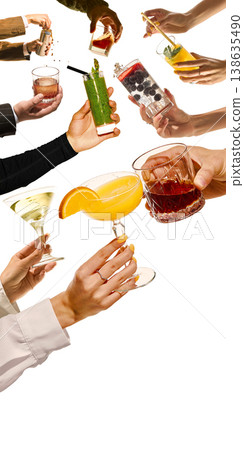 Hands holding colorful drinks and cocktails isolated on minimal background composition. Hands holding colorful drinks and cocktails isolated on minimal background composition. 138635490