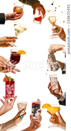 Hands holding cocktails with splashes and champagne isolated on white background 138635491