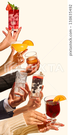 Hands holding assorted cocktails and drinks isolated on neutral background collage. Hands holding assorted cocktails and drinks isolated on neutral background collage. 138635492