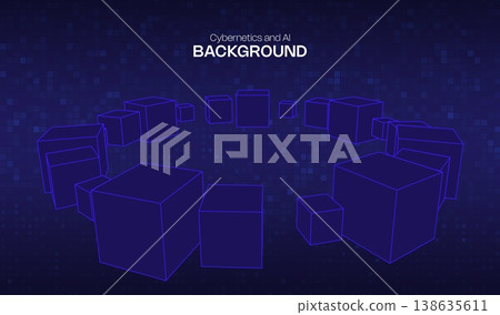 Abstract vector cube for 3d geometric design element and background technology block. Concept blue box for illustration network business and digital futuristic big data. Abstract ai blockchain. 138635611
