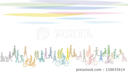 A side view of people of all ages walking. Illustrations of people, wheelchairs, bicycles, etc. A side view of people of all ages walking. Illustrations of people, wheelchairs, bicycles, etc. 138635614