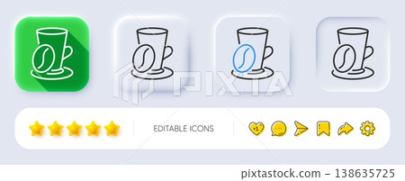 Coffee cup with bean line icon. Neumorphic, Flat shadow, 3d buttons. Hot latte sign. Tea drink mug symbol. Line coffee cup icon. Social media icons. Vector 138635725