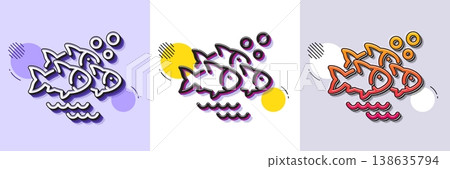 Fish school line icon. Halftone dotted pattern. Gradient icon with grain shadow. Shoal of gill-bearing animals sign. Flock of salmon symbol. Line fish school icon. Various designs. Vector 138635794