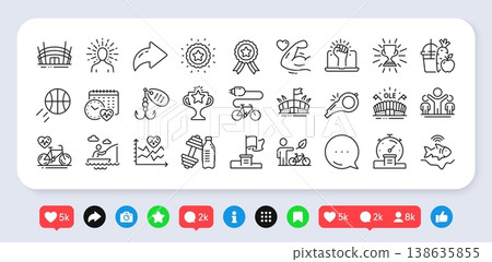 Eco bike, Electric bike and Yoga line icons pack. Social media: share, comment, like icons. Cardio training, Boat fishing, Timer web icon. Sports arena, Strong arm, Winner flag pictogram. Vector Eco bike, Electric bike and Yoga line icons pack. Social media: share, comment, like icons. Cardio training, Boat fishing, Timer web icon. Sports arena, Strong arm, Winner flag pictogram. Vector 138635855
