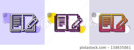 Feedback line icon. Halftone dotted pattern. Gradient icon with grain shadow. Book with pencil sign. Copywriting symbol. Line feedback icon. Various designs. Vector 138635861