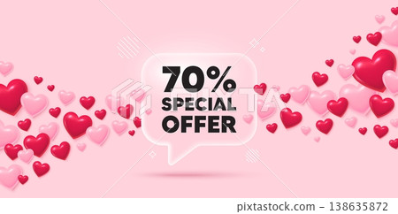 Discount glass speech bubble. 3d hearts pink background. 70 percent discount offer tag. Sale price promo sign. Special offer symbol. Valentines day greeting card. Flying hearts. Vector Discount glass speech bubble. 3d hearts pink background. 70 percent discount offer tag. Sale price promo sign. Special offer symbol. Valentines day greeting card. Flying hearts. Vector 138635872